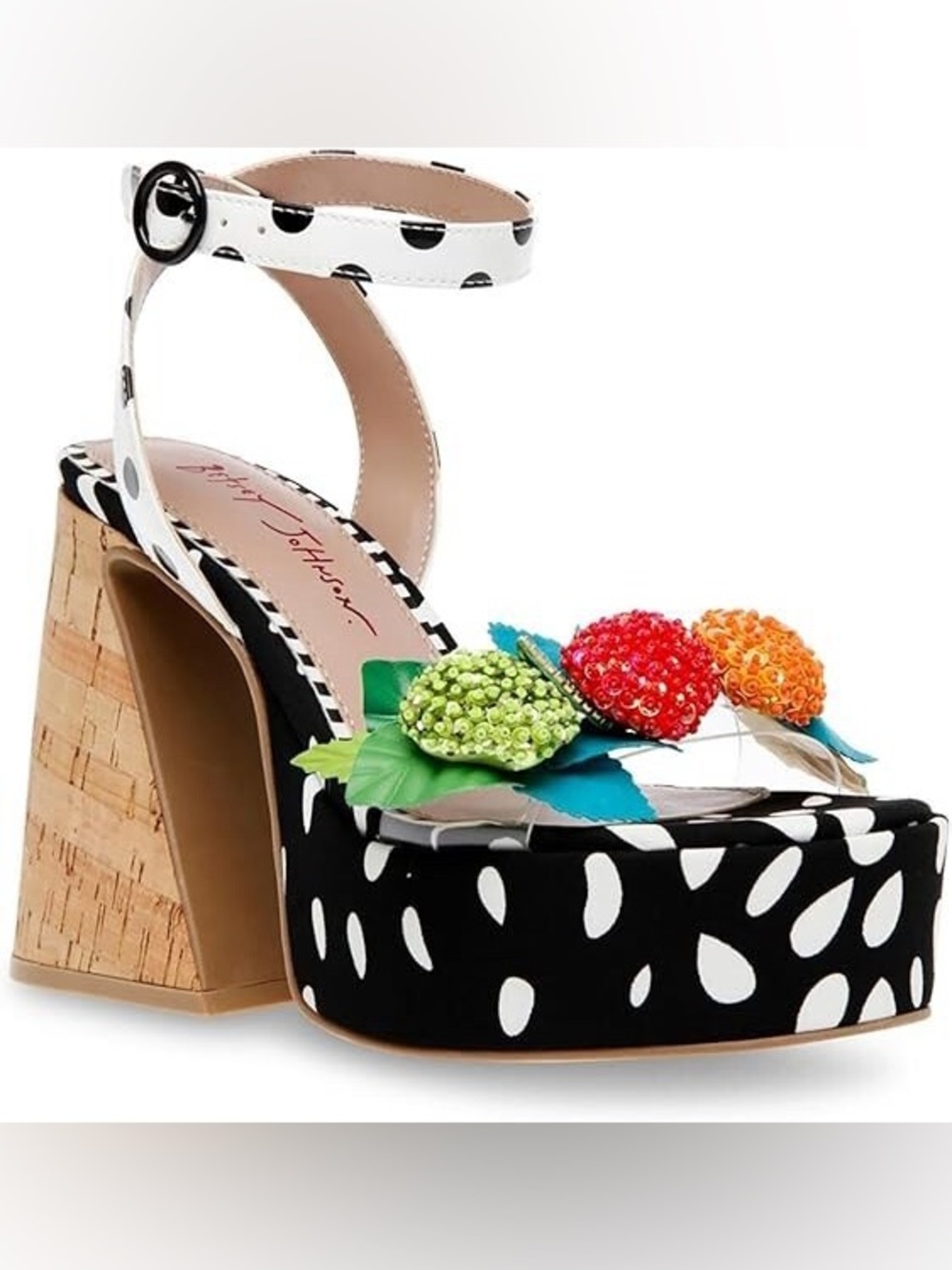 Betsey Johnson Sprite Cork Heel- Fruit - 6 - Black/White, Polka Dot
